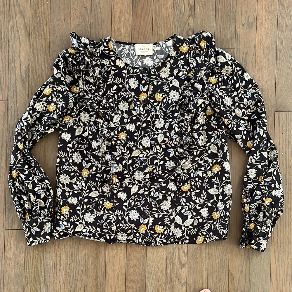 Sezane Floral Long Sleeve Ruffle Top - Black and White